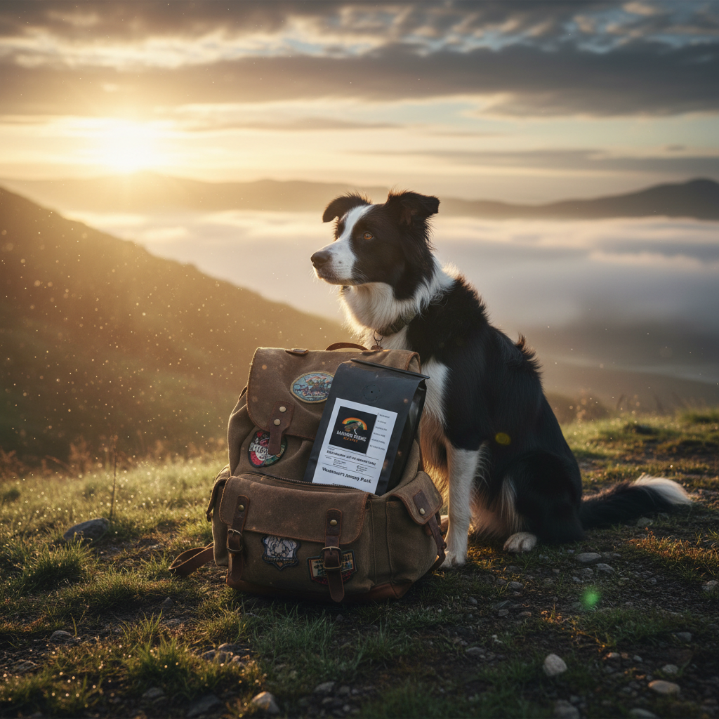 Border collie on a misty hillside at sunrise with Wanderer's Journey Pack coffee