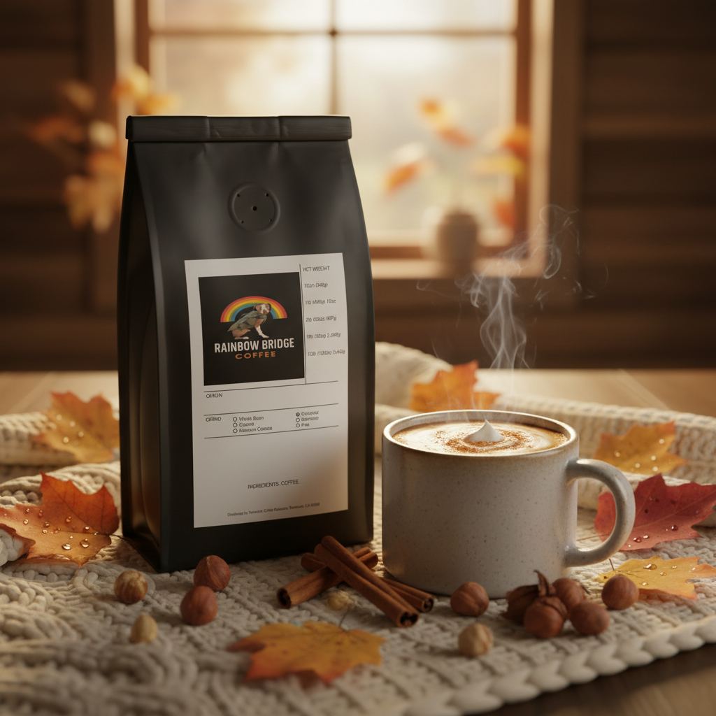 Cinnamon hazelnut coffee mug on a knitted blanket with autumn leaves and Warm Hug Hazelnut coffee