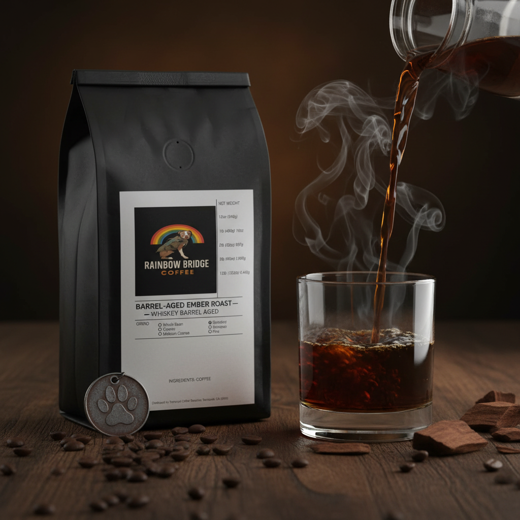Dramatic coffee pour into whiskey glass with smoke rising and paw print dog tag with Barrel-Aged Ember Roast coffee