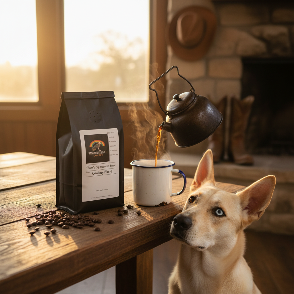 Bear the dog resting chin on ranch table with camp kettle pour at sunrise with Bear's Big-Hearted Brew Cowboy Blend coffee