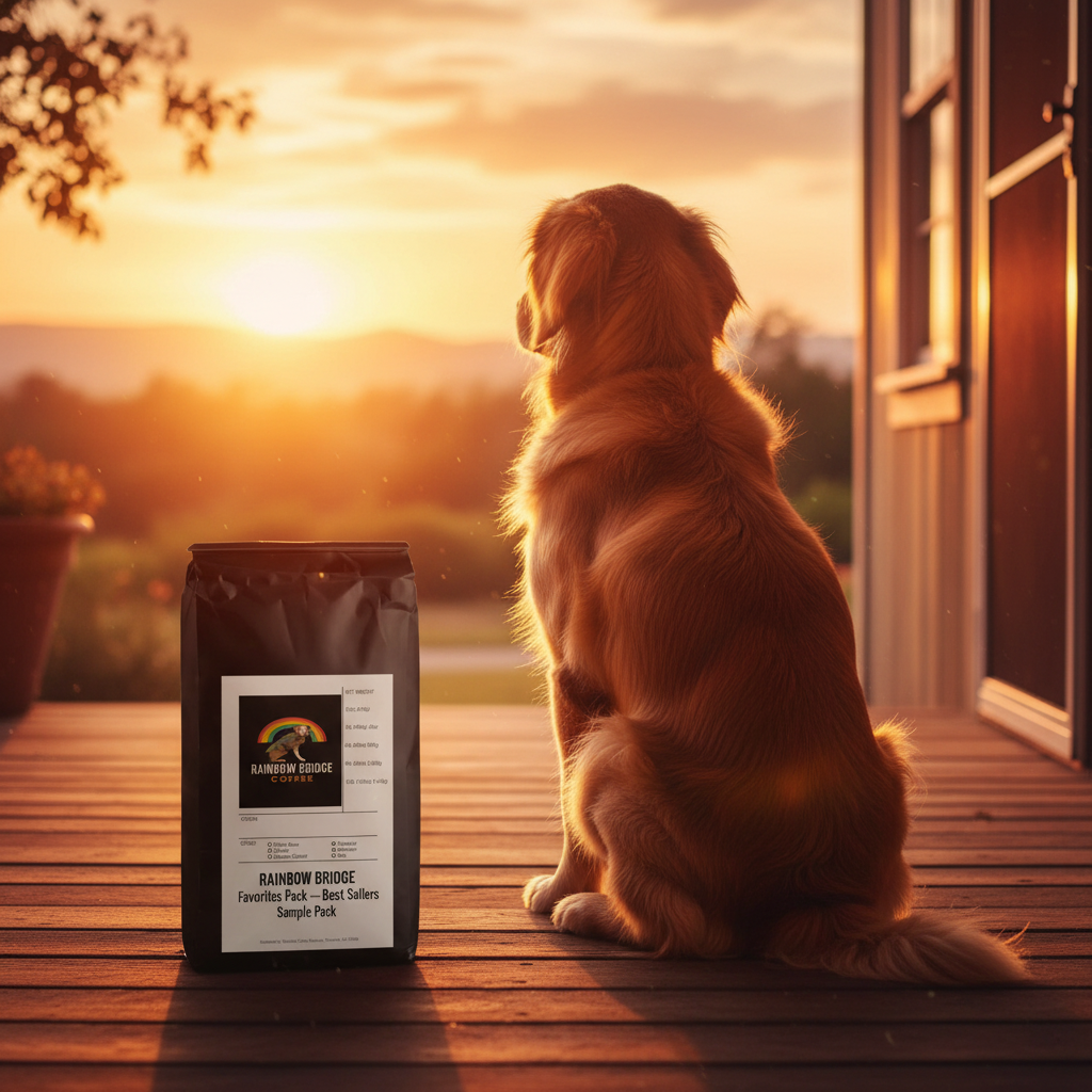 Golden retriever on a porch at golden hour with Rainbow Bridge Favorites Pack coffee