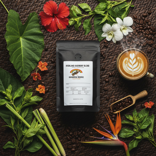 Rattan flat lay with bowl-style coffee cup, bamboo tea scoop and tropical flowers with Highland Harmony Blend coffee