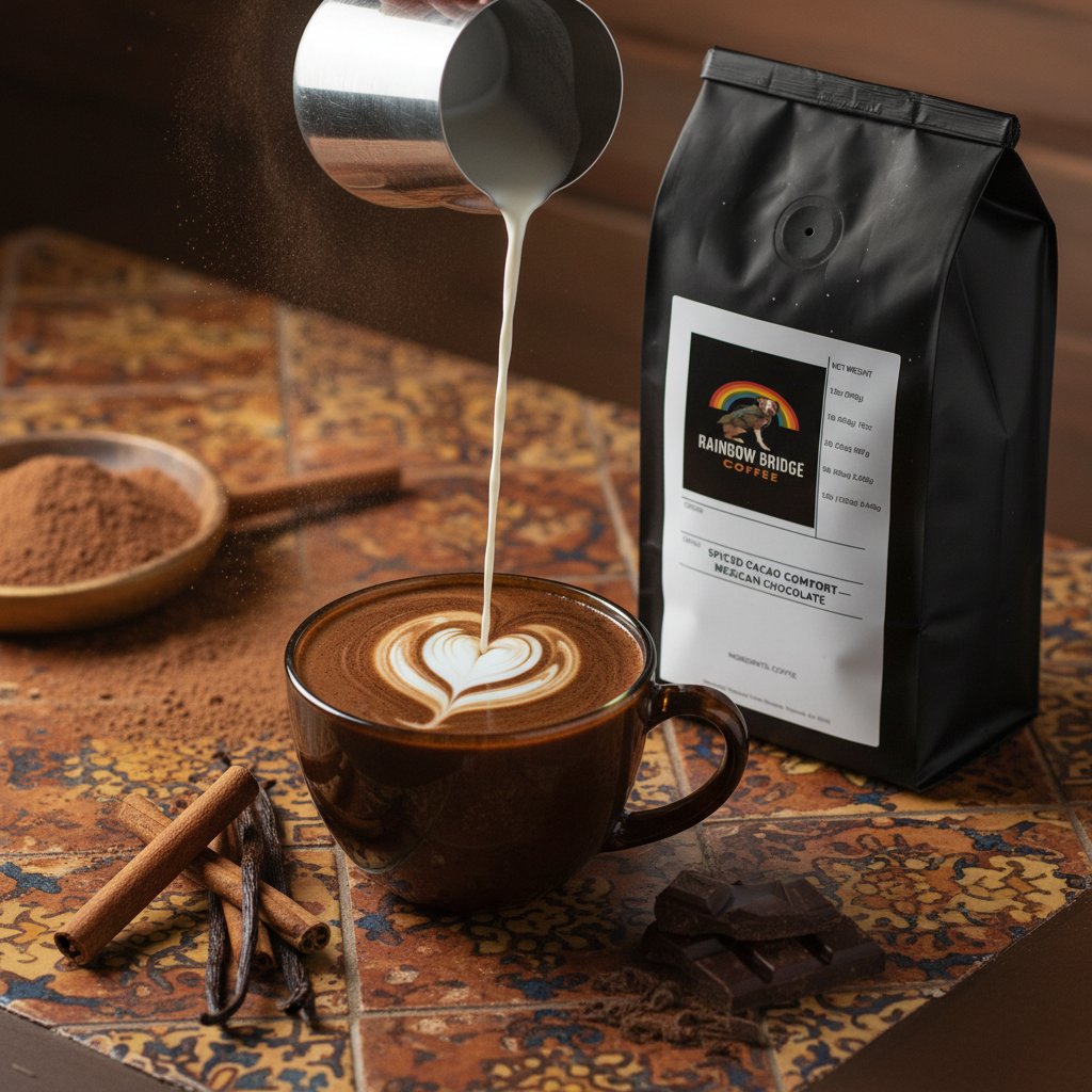 Heart latte art pour on Mexican terracotta tiles with cacao powder and Spiced Cacao Comfort coffee