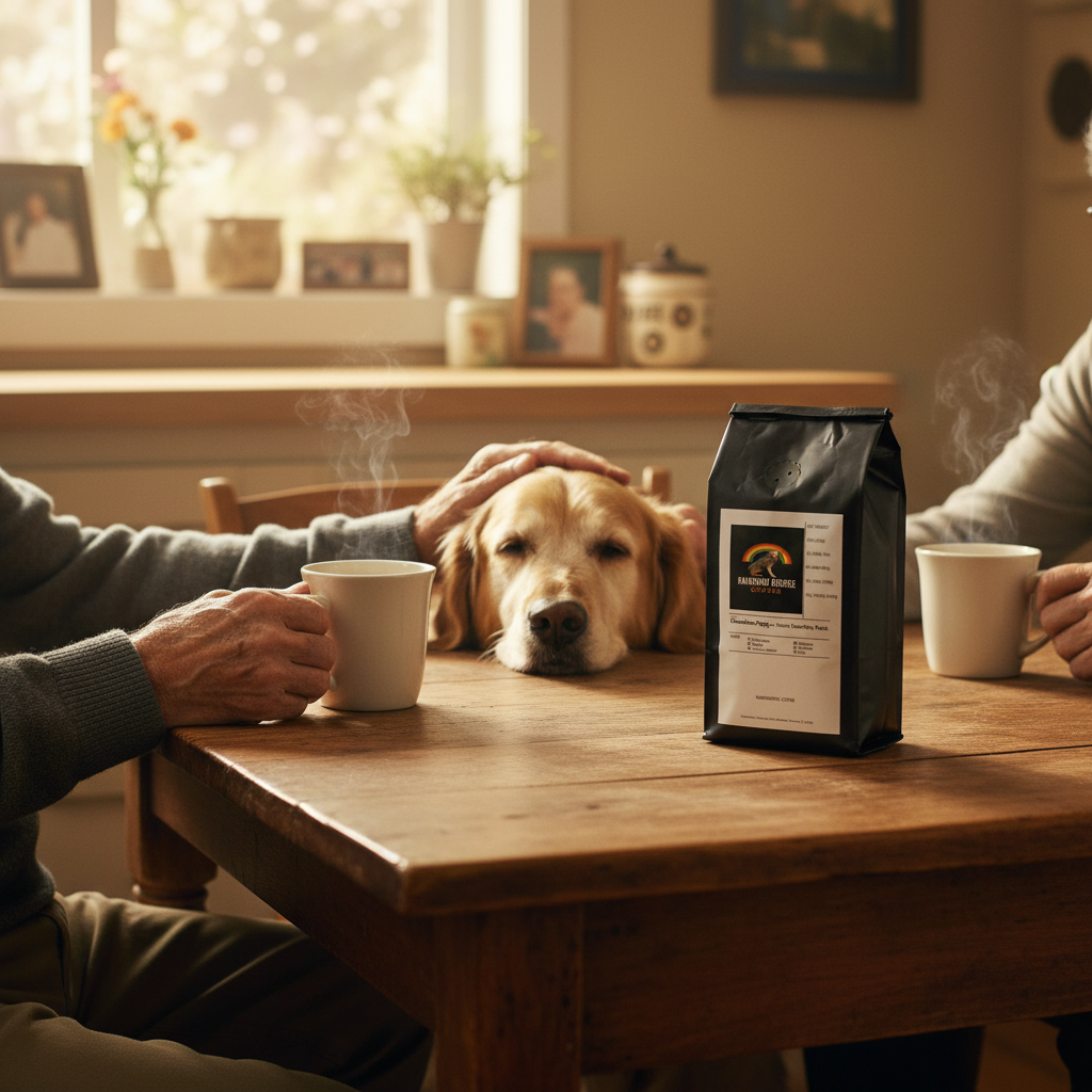 Elderly couple and golden retriever sharing a sweet moment with Rainbow Bridge Favorites Pack coffee