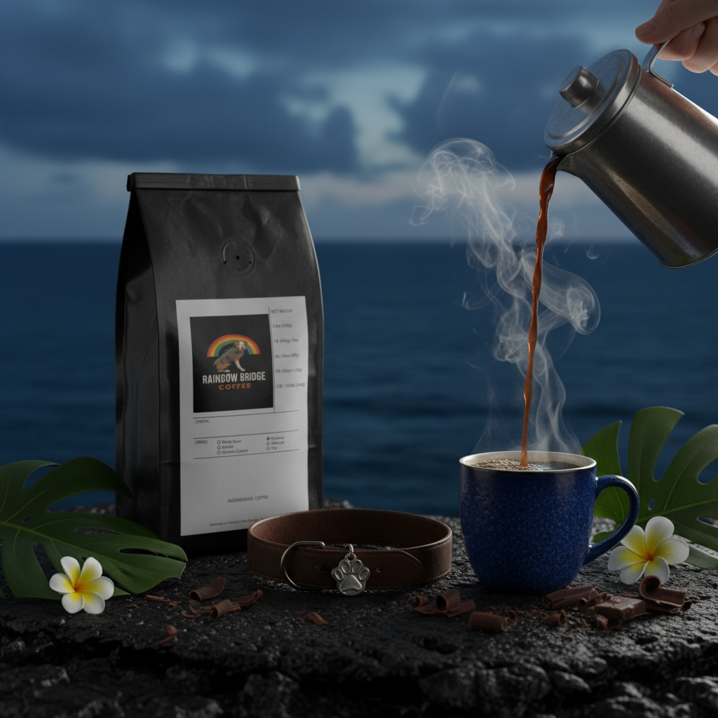 Dramatic coffee pour into blue ceramic cup on volcanic stone with ocean horizon and Blue Horizon Bliss Bali Blue coffee