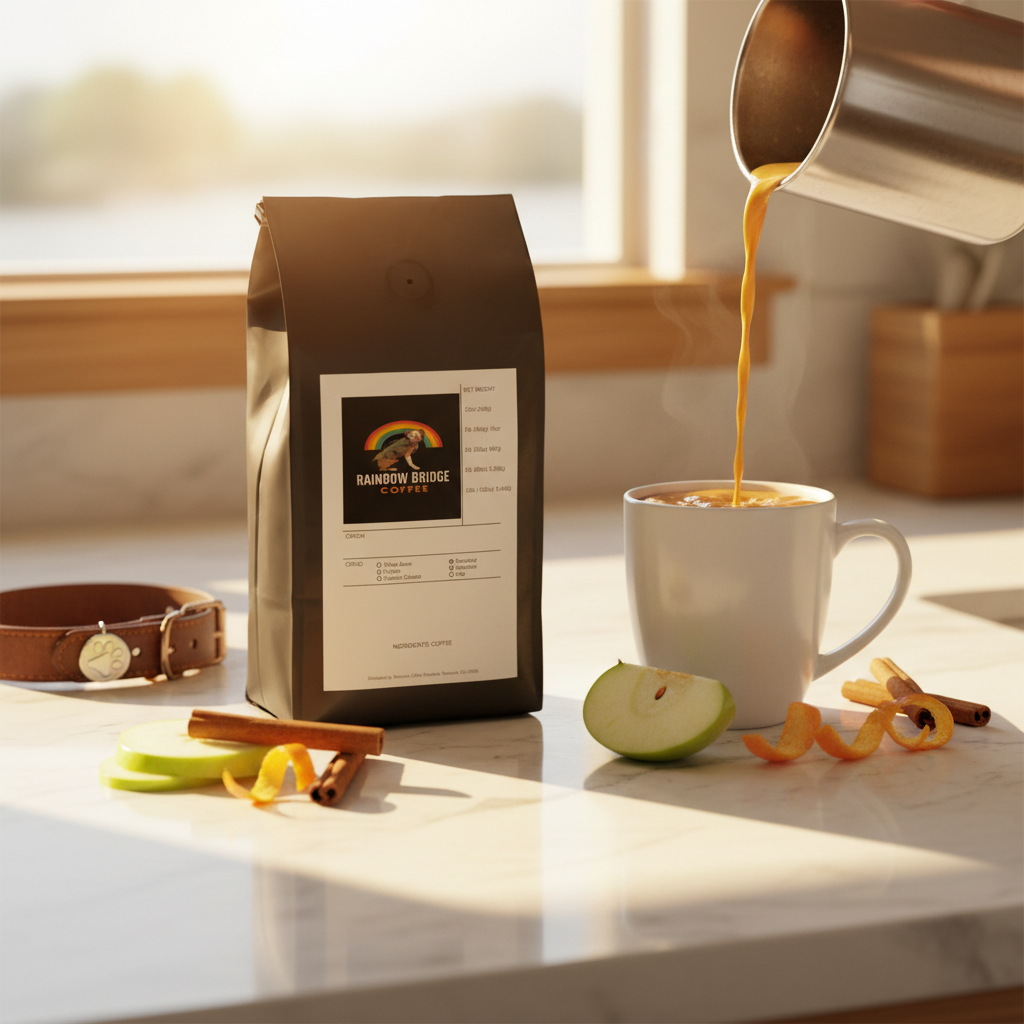 Sunlit white marble coffee pour with green apple, citrus zest and paw print collar tag with Morning Sunbeam Roast Mexico coffee