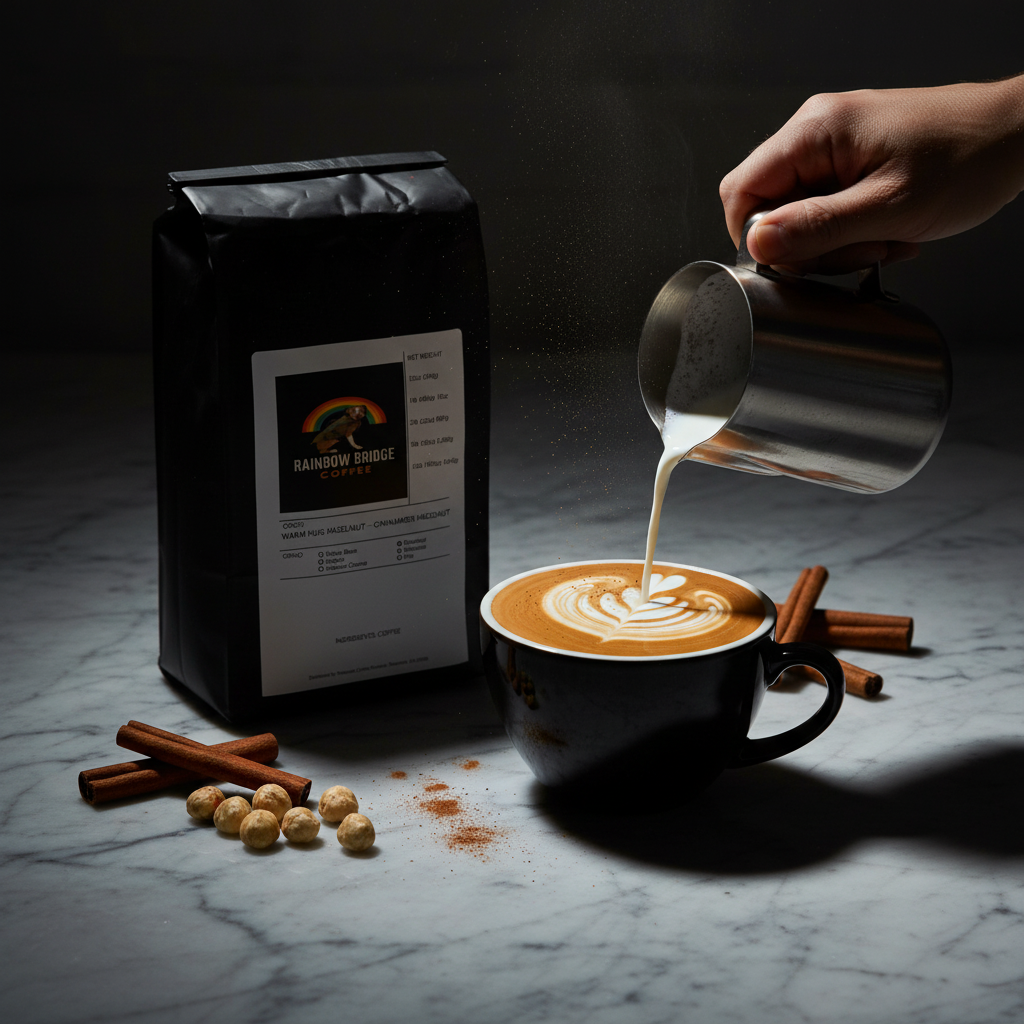 Cinematic tulip latte pour with cinnamon dusting and Warm Hug Hazelnut Cinnamon Hazelnut coffee