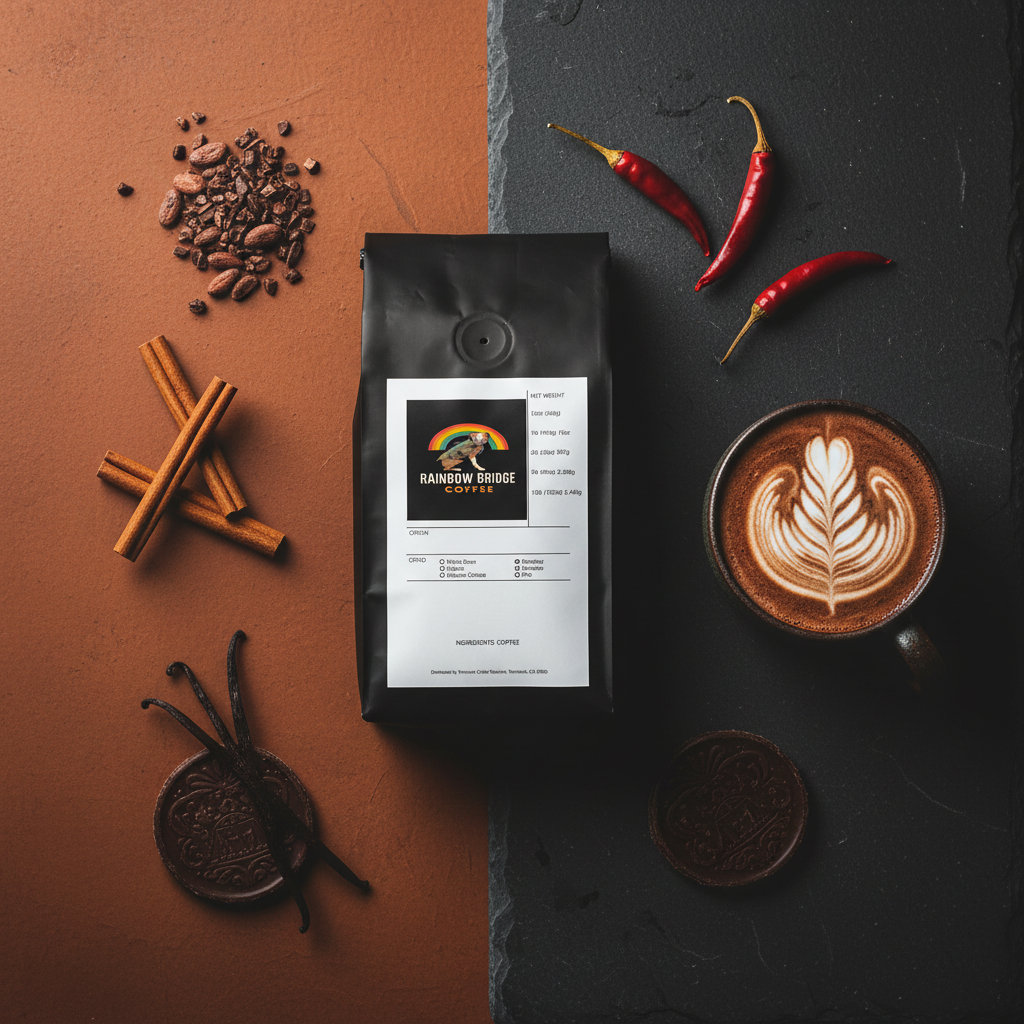 Terracotta spice flat lay with cacao nibs, dried chili and vanilla pods with Spiced Cacao Comfort coffee