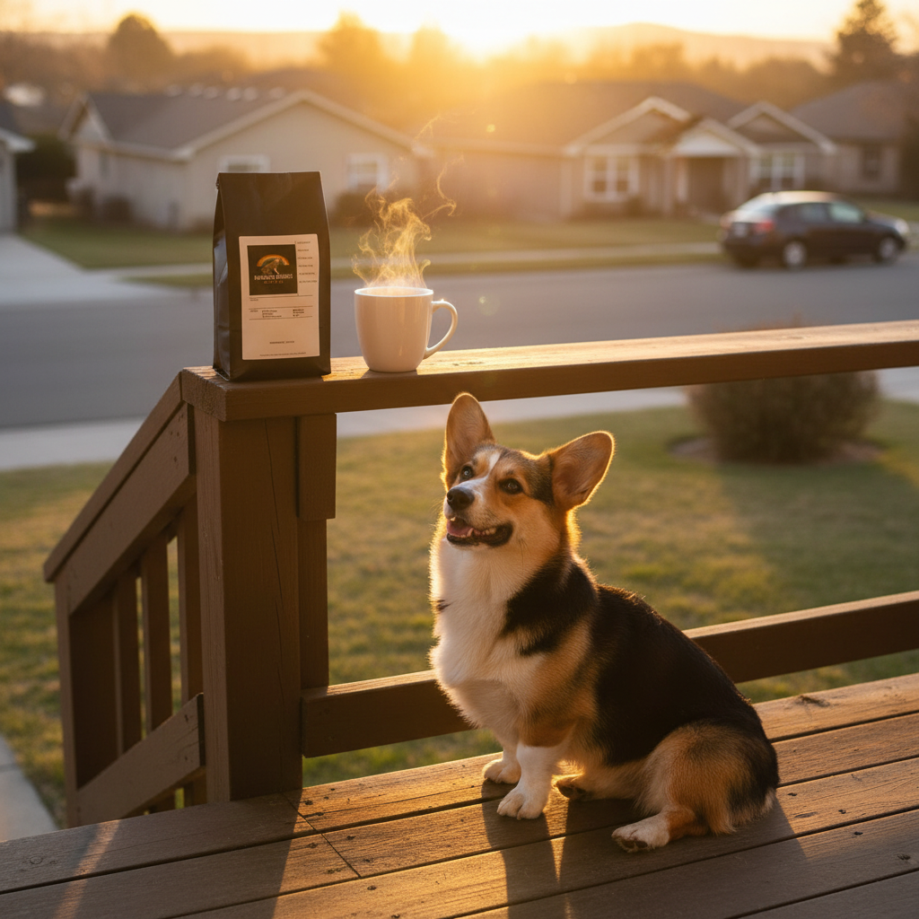 Happy Corgi on sunrise porch with steaming breakfast blend coffee and Morning Tail-Wag Blend