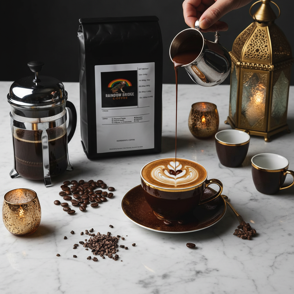 Luxurious mocha flat lay with rosette latte art, French press and gold espresso cups with Midnight Oasis Mocha coffee