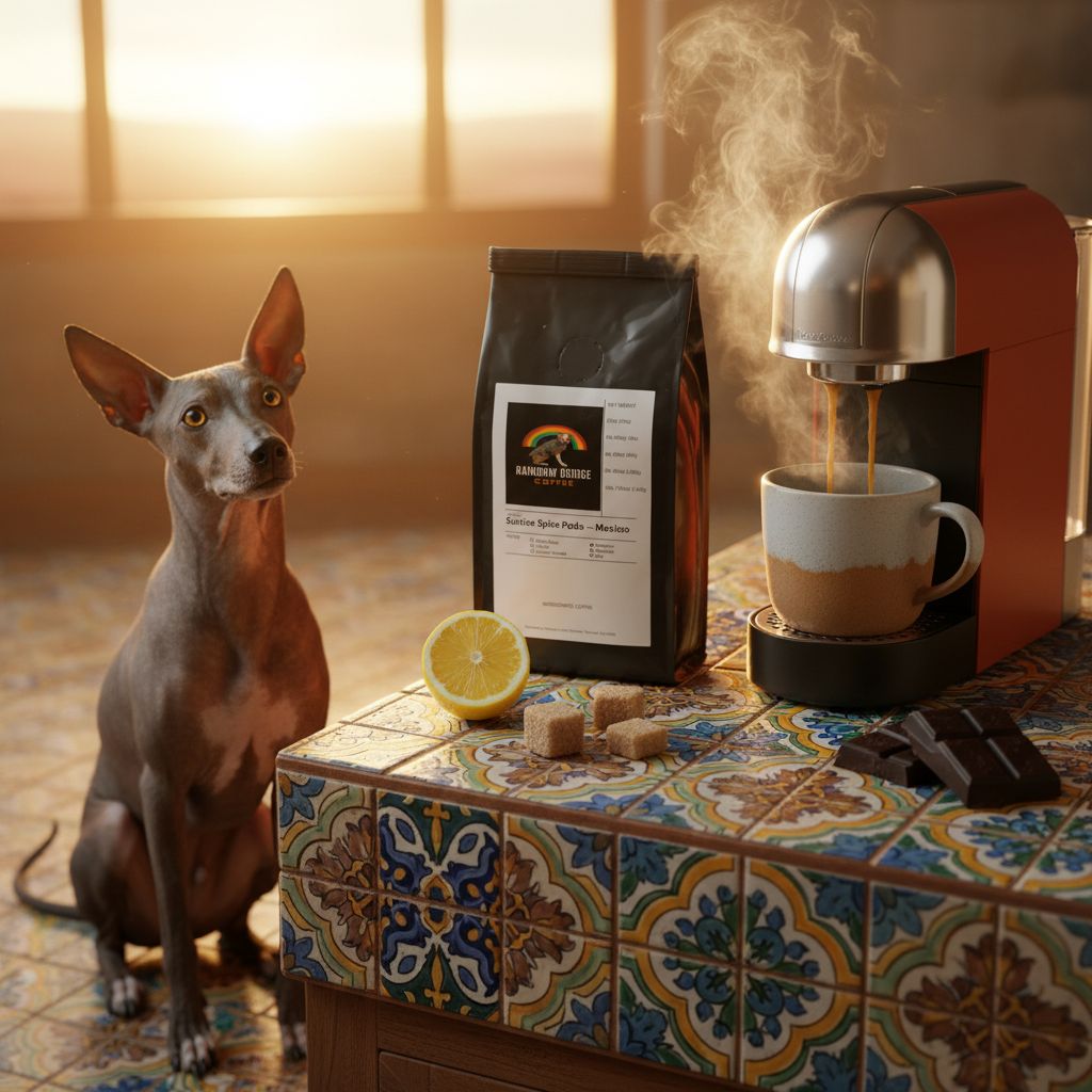Xoloitzcuintli dog on Talavera tiles with pod machine, lemon and dark chocolate with Sunrise Spice Pods Mexico Coffee Pods