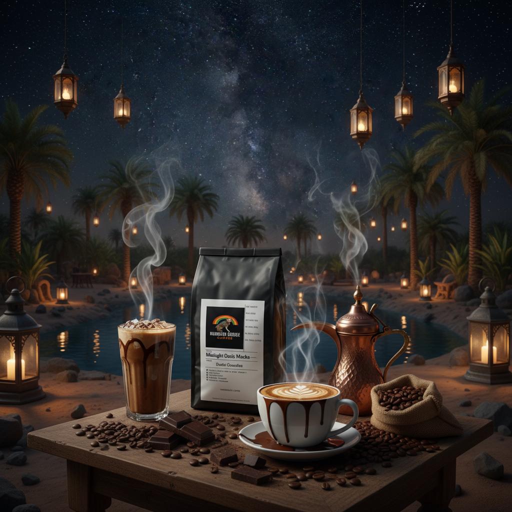 Steaming mocha and copper dallah pot at a desert oasis under the stars with Midnight Oasis Mocha coffee