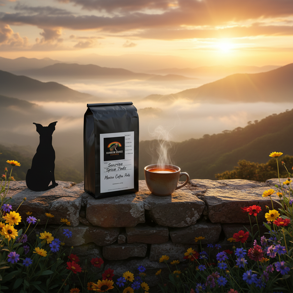 Dog silhouette over misty Chiapas mountain highlands at sunrise with Sunrise Spice Pods Mexico Coffee Pods