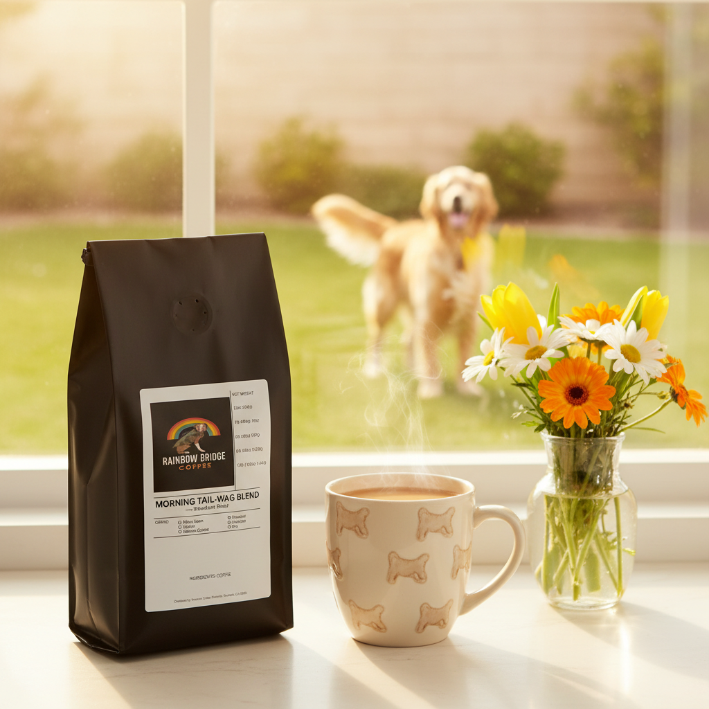 Golden retriever through sunny kitchen window with steaming breakfast blend coffee and Morning Tail-Wag Blend