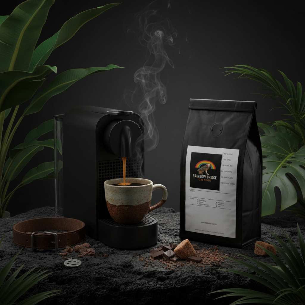 Dramatic pod machine pour into ceramic cup on volcanic stone with molasses sugar and paw print collar tag with Island Breeze Pods