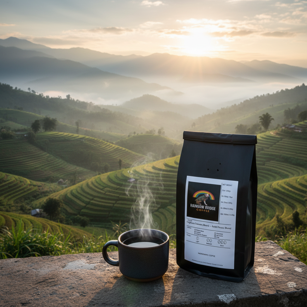 Misty Southeast Asian mountain plateau at sunrise with steaming coffee and Highland Harmony Blend coffee