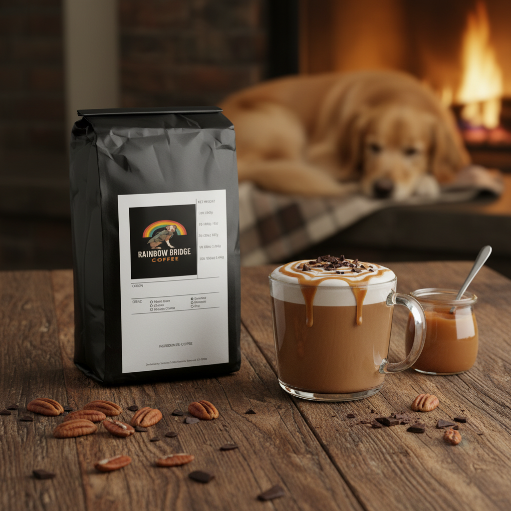 Caramel mocha with drizzle and pecans with a golden retriever by the fireplace and Caramel Shell Delight coffee