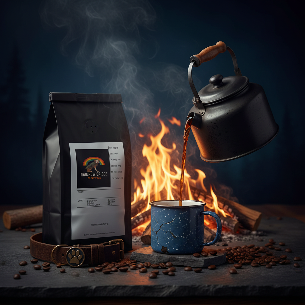 Camp kettle pour by firelight with smoke and steam rising and paw print collar tag with Midnight Campfire Roast French Roast coffee