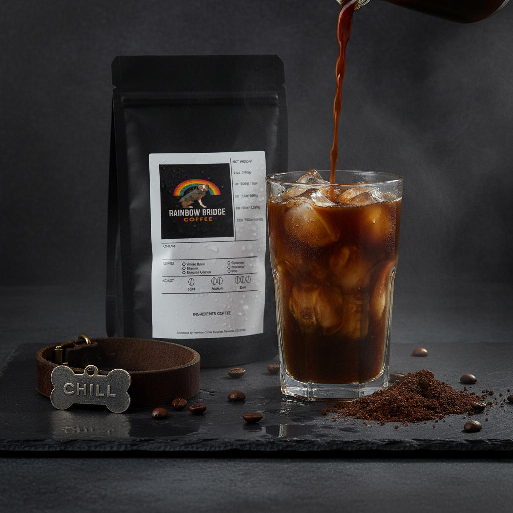Dramatic cold brew concentrate poured over crystal ice with mist and dog collar with Chill and Wag Brew coffee