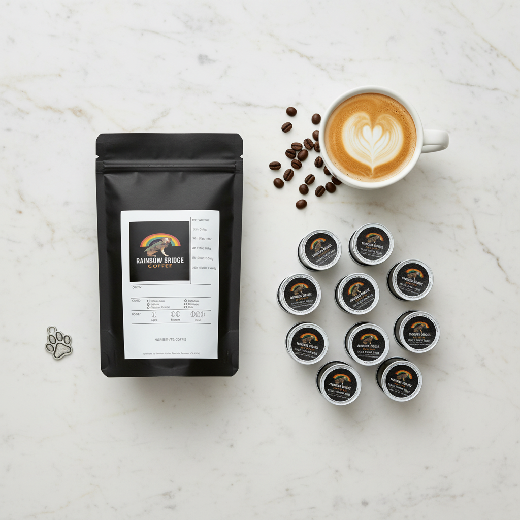 Clean flat lay with 12 capsules in arc, heart latte art and paw print charm with Daily Tail-Wag Pods 12 Pack