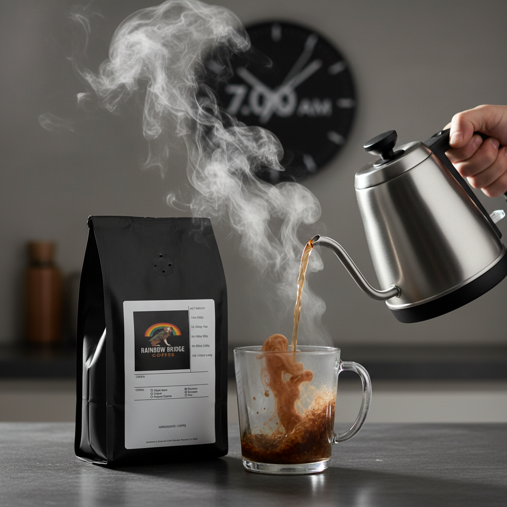 Dramatic 7am kettle pour with instant coffee granules dissolving and clock on wall with Quick Comfort Brew coffee