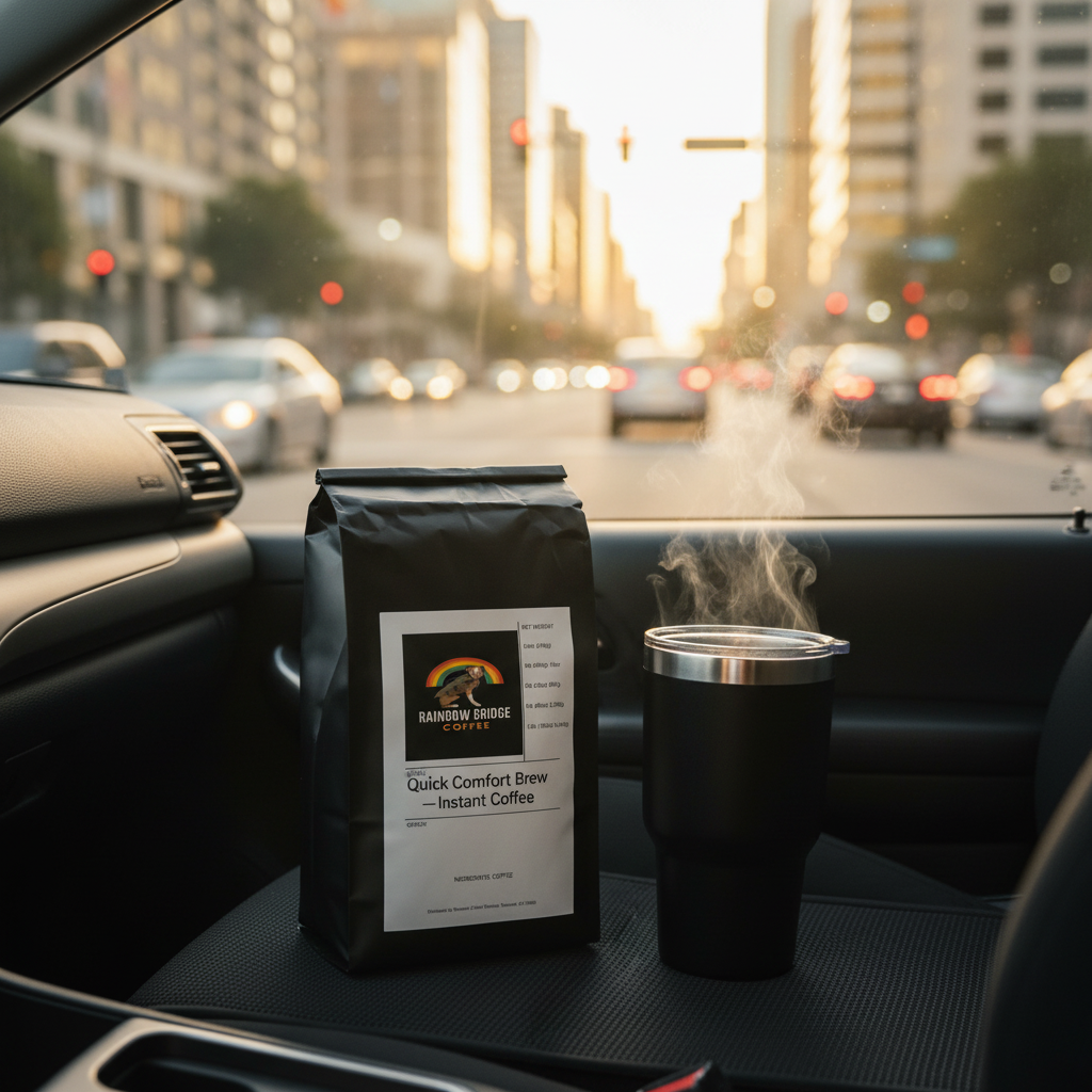 Travel mug on morning commute with blurred city streets and golden sunrise with Quick Comfort Brew instant coffee