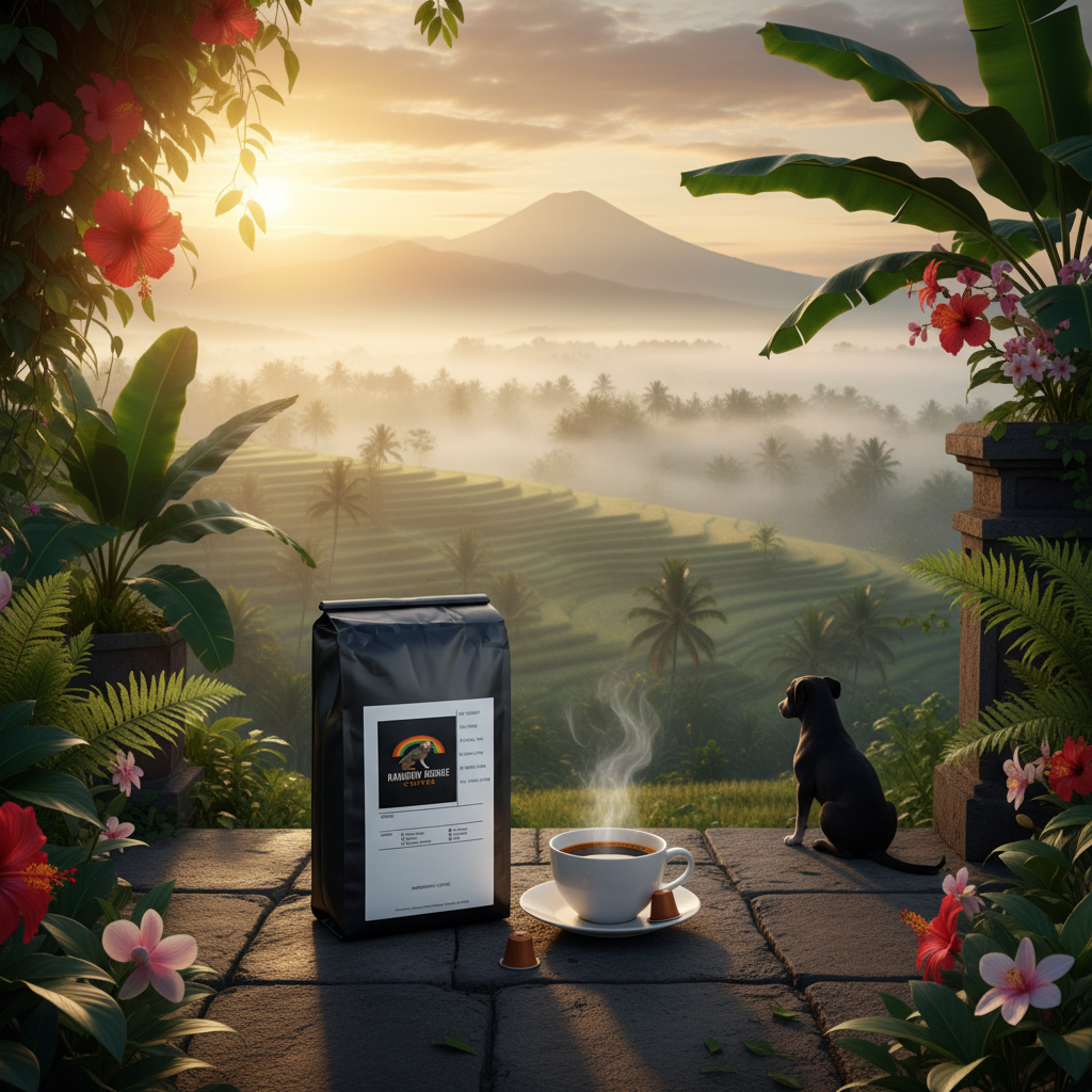 Dog silhouette on Bali stone terrace overlooking misty rice terraces at sunrise with Island Breeze Pods Bali Coffee Pods