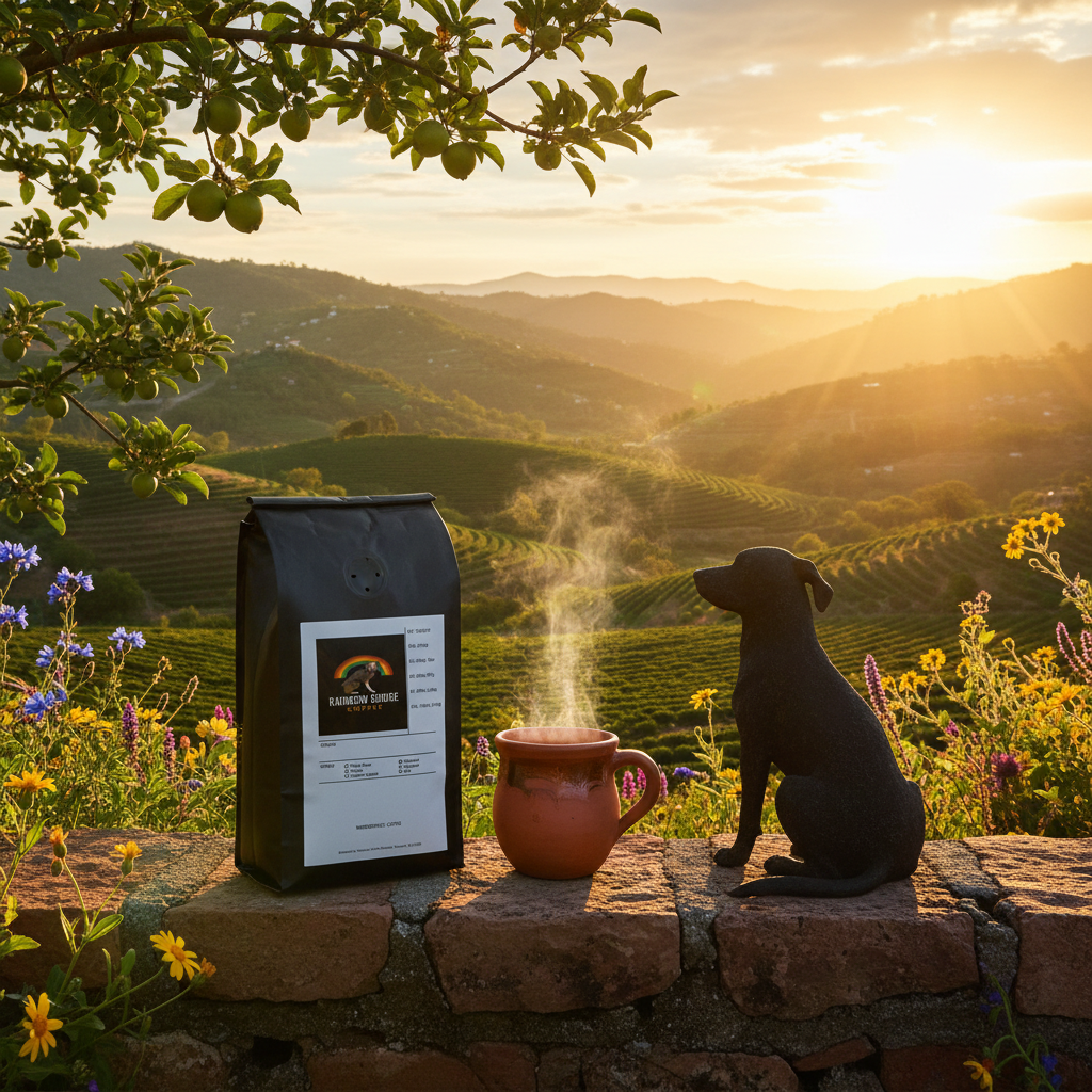 Dog silhouette over sun-drenched Oaxacan coffee farms at golden sunrise with Morning Sunbeam Roast Mexico coffee