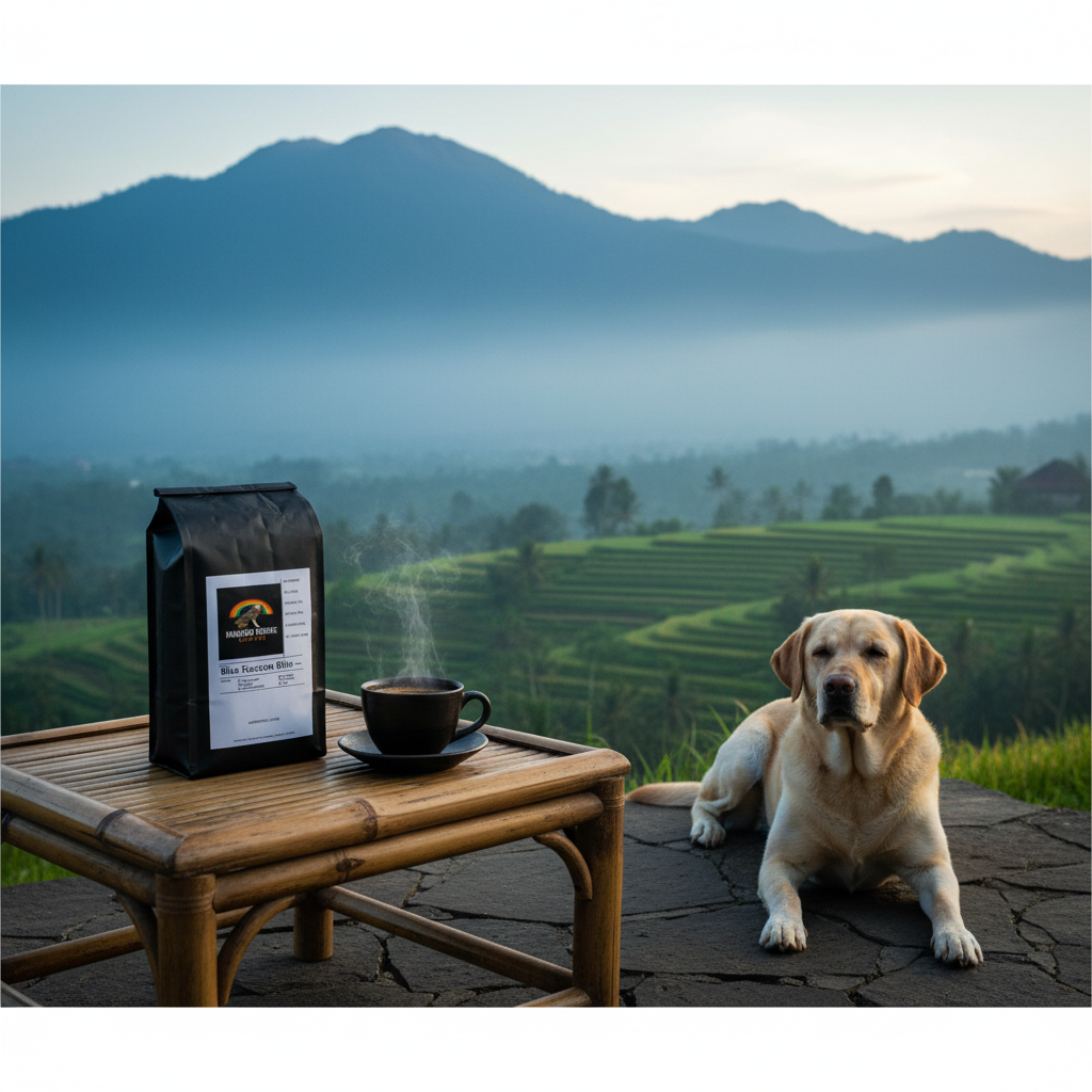 Calm Labrador on Balinese villa terrace with misty blue mountains and Blue Horizon Bliss Bali Blue coffee