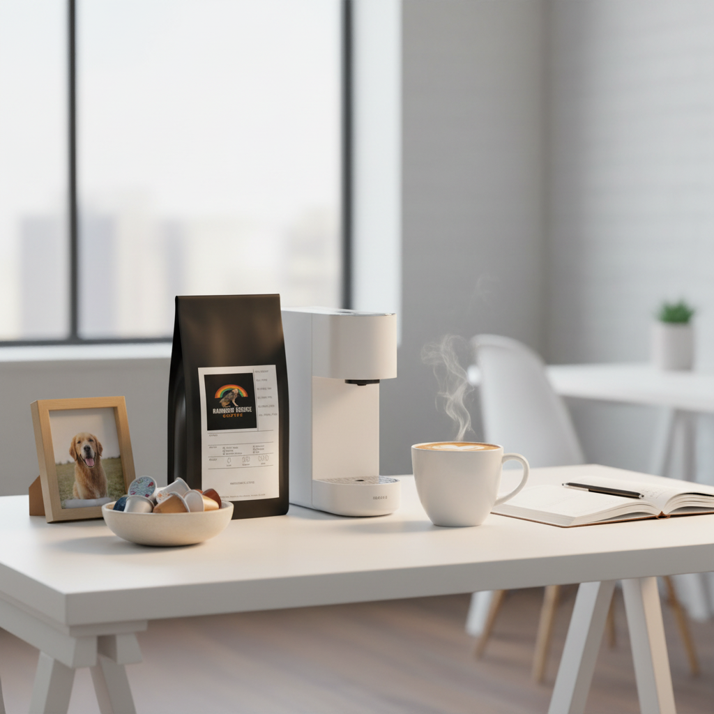 Office desk with pod machine, heart latte art and framed dog photo with Morning Hero Pods 60 Pack coffee capsules