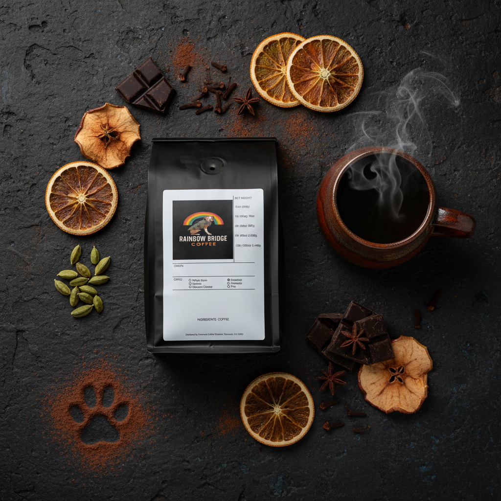 Volcanic stone flat lay with cardamom pods, cloves, dried fruit and paw print in dark cocoa with Earth and Ember Roast Sumatra coffee