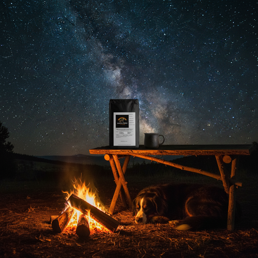 Bernese Mountain Dog curled by campfire under Milky Way sky with Midnight Campfire Roast French Roast coffee