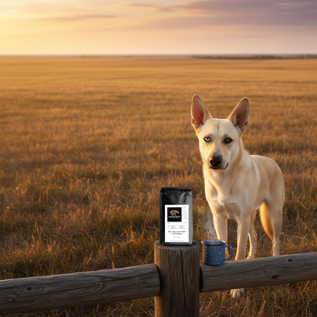 Bear the dog standing tall on golden Texas ranch at golden hour with Bear's Big-Hearted Brew Cowboy Blend coffee