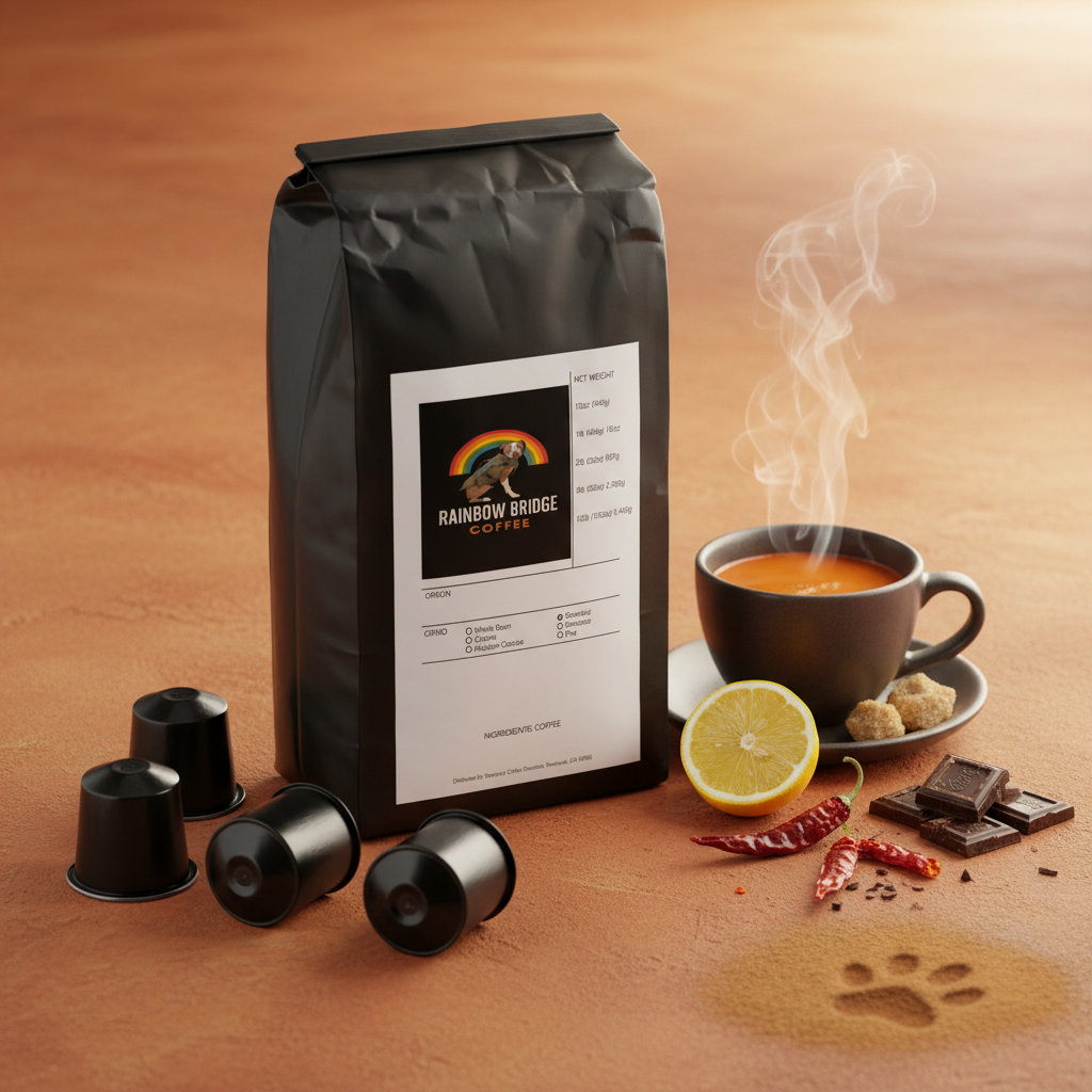 Terracotta flat lay with pods, lemon wedge, chili peppers and paw print in cinnamon with Sunrise Spice Pods Mexico Coffee Pods