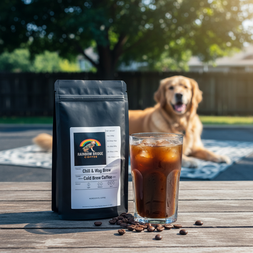 Iced cold brew on sunny patio with golden retriever lounging in the shade with Chill and Wag Brew cold brew coffee