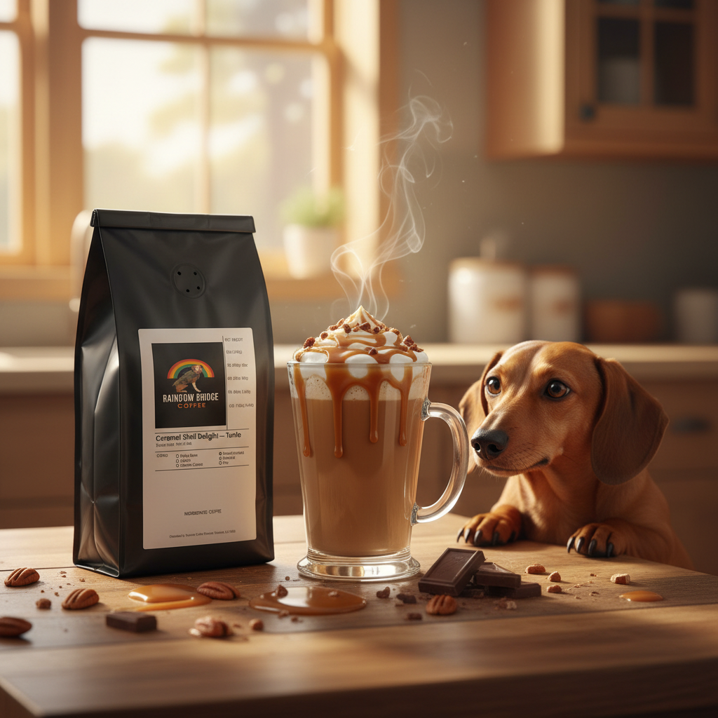Dachshund peeking over a table at a caramel pecan latte with Caramel Shell Delight coffee