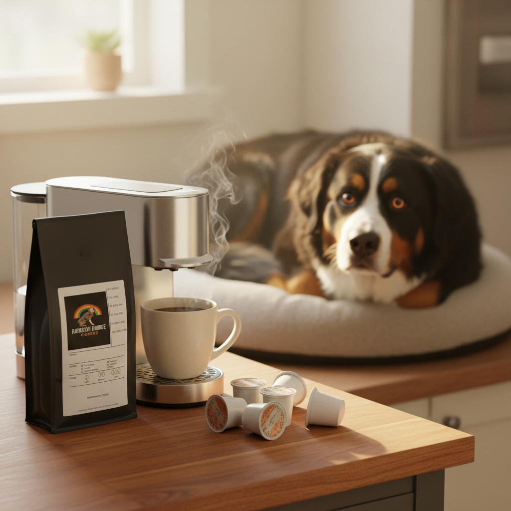 Bernese Mountain Dog with big loving eyes beside steaming pod coffee with Morning Hero Pods 60 Pack coffee capsules
