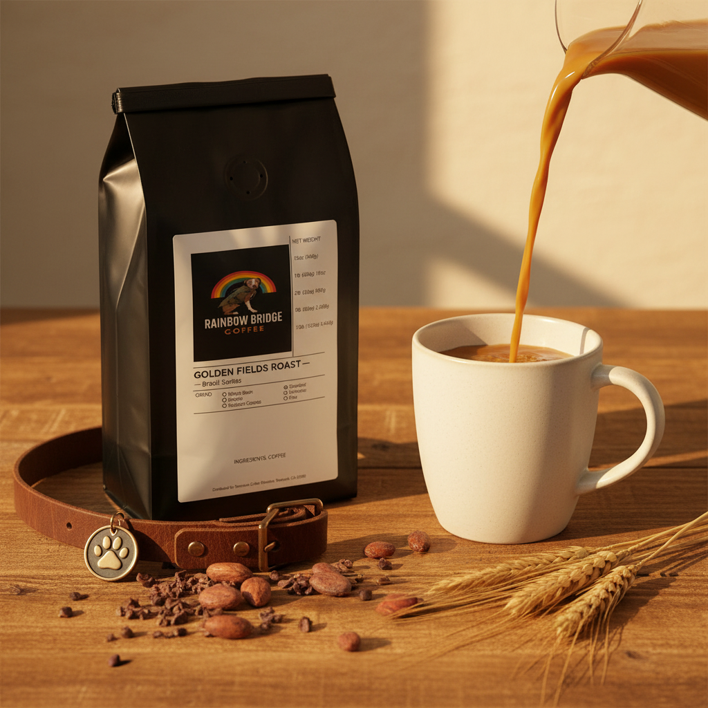 Sun-warmed farm coffee pour with roasted nuts, wheat stalks and paw print collar tag with Golden Fields Roast Brazil Santos coffee