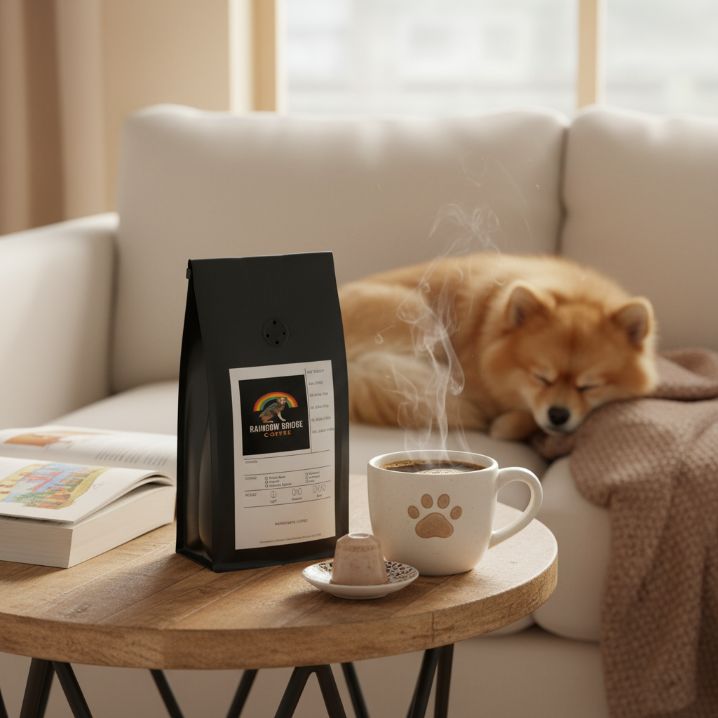 Fluffy Pomeranian on couch with steaming pod coffee and open book with Daily Tail-Wag Pods 12 Pack coffee capsules