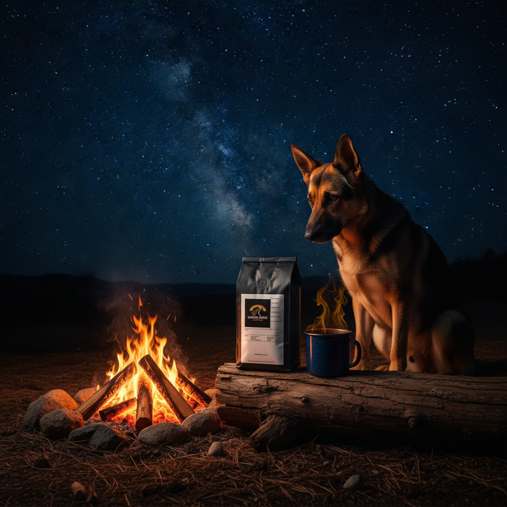 German Shepherd by glowing campfire under star-filled sky with Midnight Campfire Roast French Roast coffee