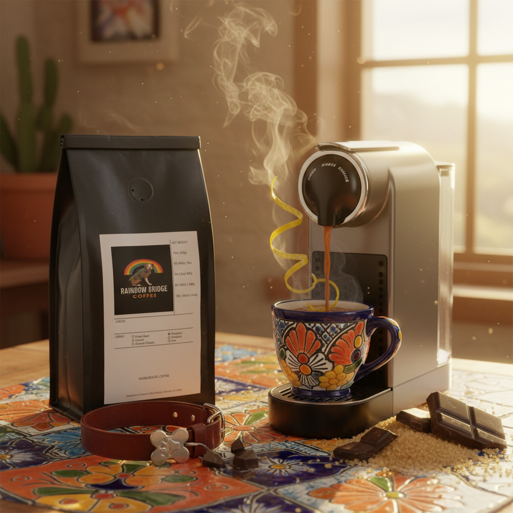 Dramatic pour into Mexican ceramic cup with lemon zest and paw print collar tag with Sunrise Spice Pods Mexico Coffee Pods