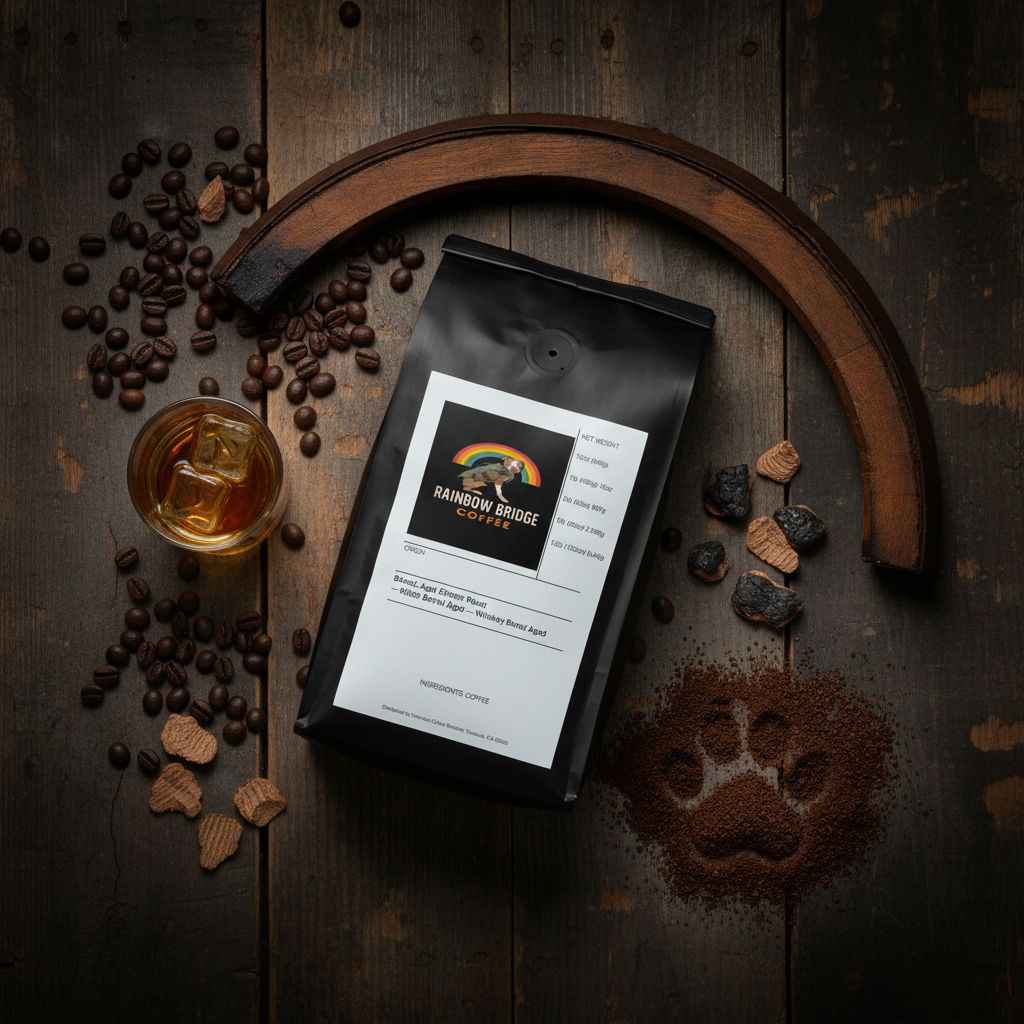 Dark wood flat lay with barrel stave, charred oak, whiskey and paw print in coffee grounds with Barrel-Aged Ember Roast coffee