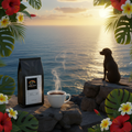 Dog silhouette at blue ocean horizon at golden hour with tropical flowers and Blue Horizon Bliss Bali Blue coffee