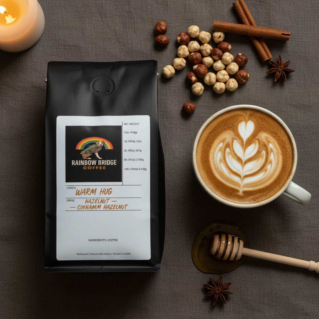 Cinnamon hazelnut cappuccino flat lay with star anise and honey dipper with Warm Hug Hazelnut coffee