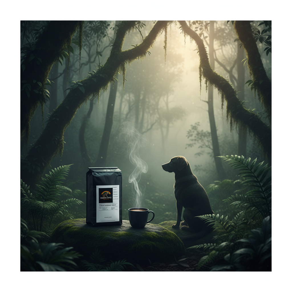 Dog silhouette in misty Sumatran rainforest at dawn with Earth and Ember Roast Sumatra coffee
