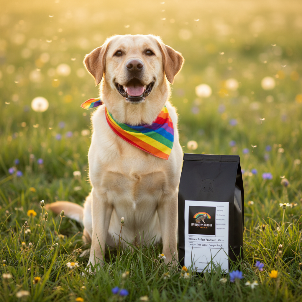 Labrador with rainbow bandana in a sunny meadow with Rainbow Bridge Favorites Pack coffee