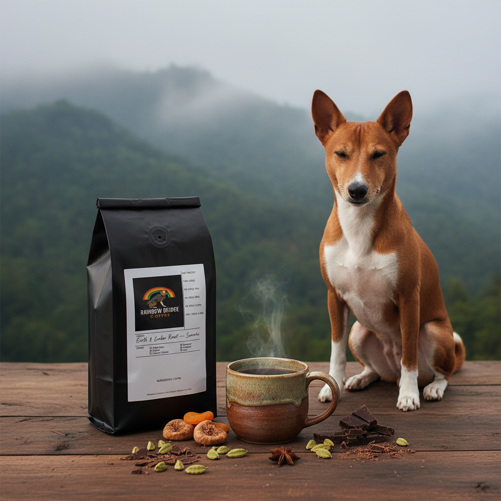 Calm Basenji dog on teak wood with warm spices and morning mist with Earth and Ember Roast Sumatra coffee