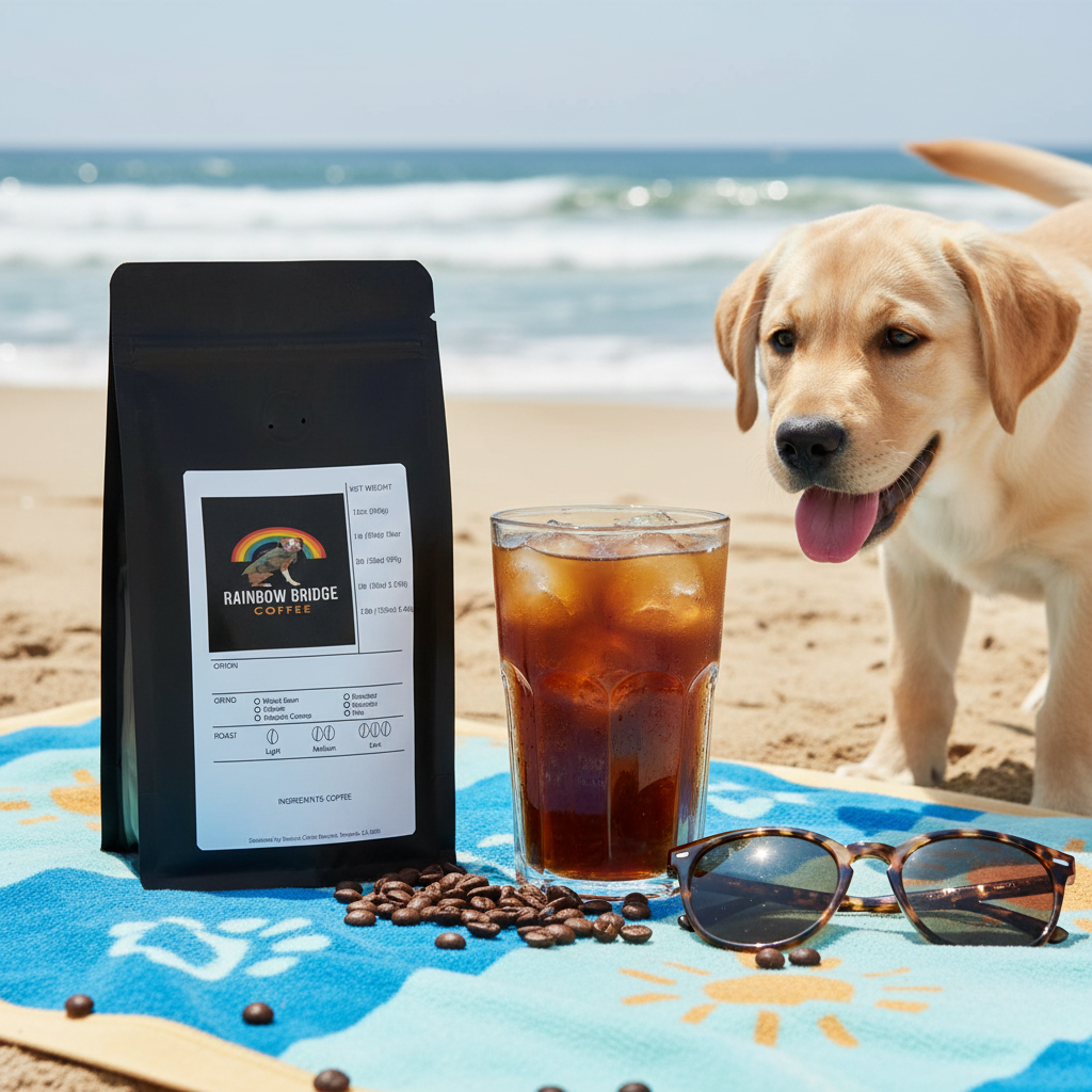 Playful Labrador puppy on beach towel eyeing cold brew with sunglasses with Chill and Wag Brew coffee