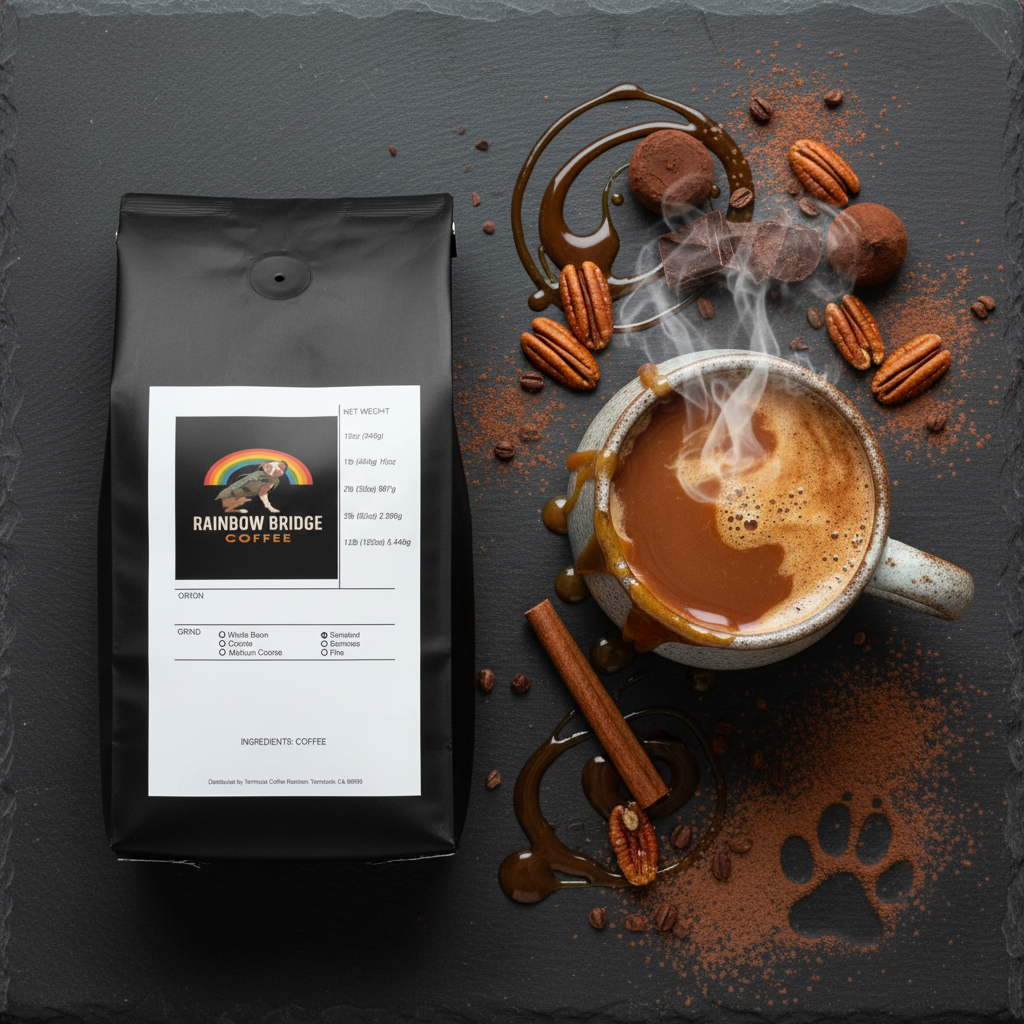 Coffee flat lay with paw print in cocoa powder, pecans and chocolate truffles with Caramel Shell Delight coffee