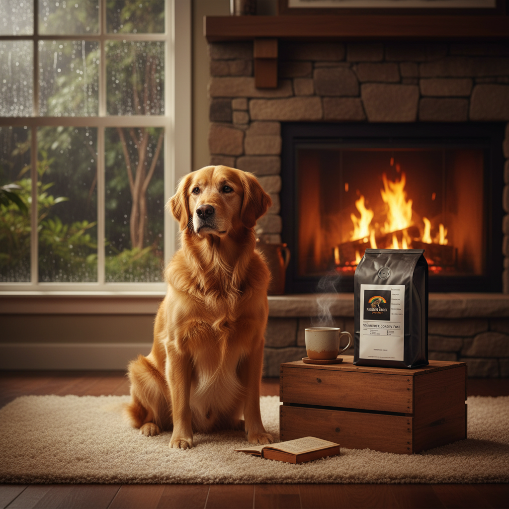 Golden retriever by a cozy fireplace with Wanderer's Journey Pack coffee